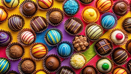 Colorful chocolates arranged in a vibrant background, chocolates, colorful, sweets, treats, confectionery