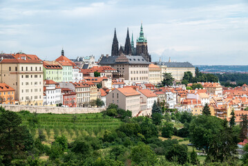 Fototapeta premium Cityscape view of Prague castle and Mala strana historic district, view from the Strahov monastery, in Prague capital of Czech republic
