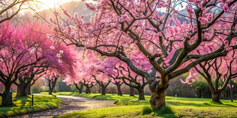 Obraz premium Blooming Japanese plum tree in a spring garden, flowers, blossoms, pink, petals, nature, beauty, springtime, Japanese culture