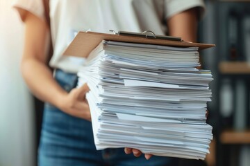 A professional stack of business documents under scrutiny, with a focus on meticulous examination and analysis in a corporate setting.