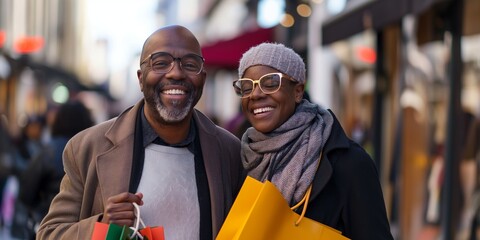A cheerful senior couple enjoying leisurely activities outdoors in the city, smiling and bonding together.