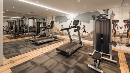 Obraz premium A sleek home gym with floor-to-ceiling mirrors, modern workout equipment, and a motivational mural on one wall.