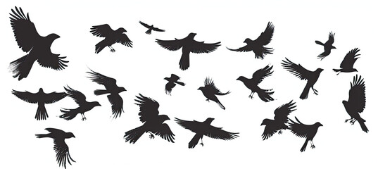 Fototapeta premium Black Birds Flying Isolated on White Background Vector, Bird Silhouettes, Flock of Birds, Abstract Bird Design, Wildlife Illustration, Avian Flight, Minimalist Bird Art, Decorative Bird Pattern