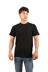 Fototapeta premium Youth man wearing blank t-shirt on white background, mockup tee closeup. Black color tshirt. Mockup for design, isolated background.