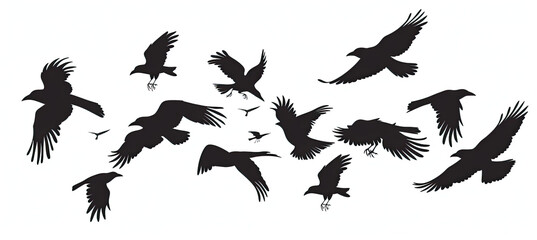 Black Birds Flying Isolated on White Background Vector, Bird Silhouettes, Flock of Birds, Abstract Bird Design, Wildlife Illustration, Avian Flight, Minimalist Bird Art, Decorative Bird Pattern