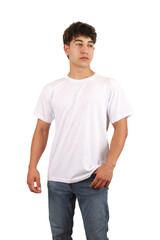 Fototapeta premium Youth man wearing blank t-shirt on white background, mockup tee closeup. White color tshirt. Mockup for design, isolated background.