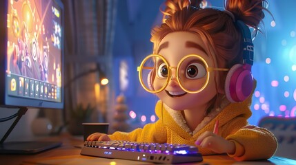 Animated Girl Playing Video Game