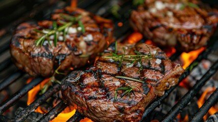 Close-Up of Rosemary and Salt-Seasoned Steaks on a Hot Grill