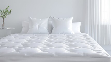 A white bed with white pillows and a vase of green leaves on a table