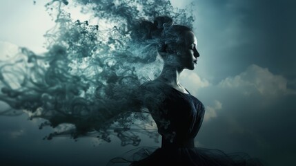 Enigmatic Woman in Dark Dress with Abstract Smoke Effect Against Cloudy Sky
