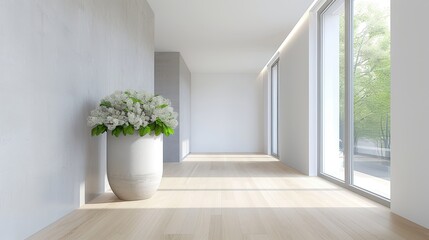 A white room with a large white vase of flowers in the center