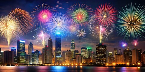 Obraz premium City skyline with colorful fireworks lighting up the night sky, urban, celebration, fireworks, skyline, cityscape