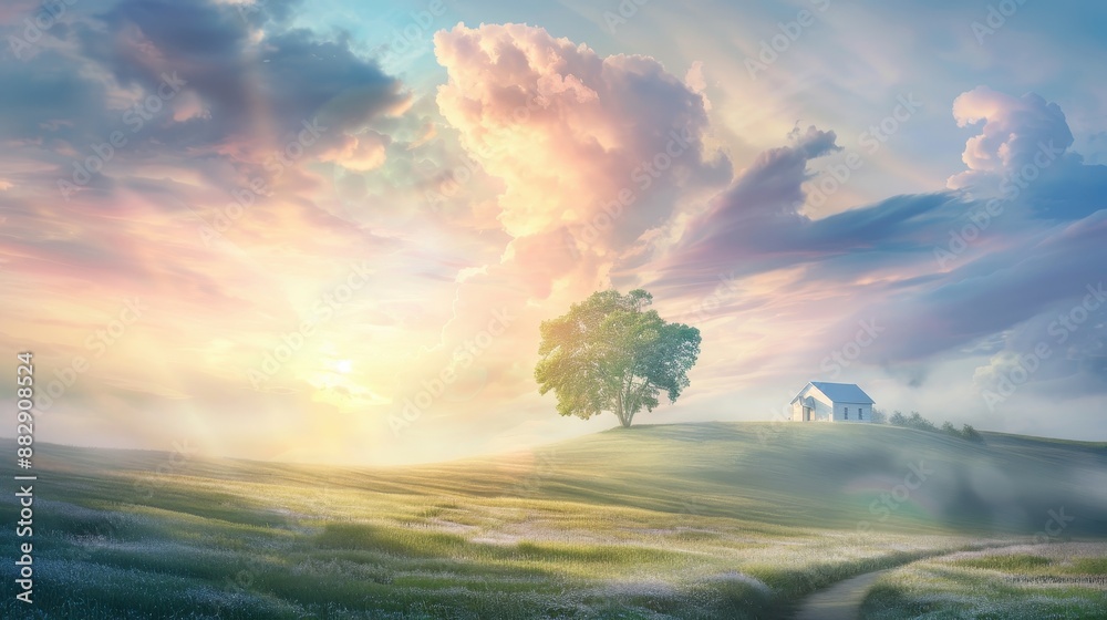 Canvas Prints a white house sits on a hill in a field with a tree in the foreground