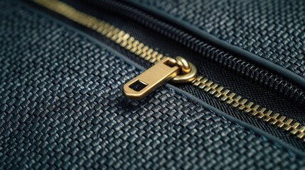 A gold zipper on a black woven fabric bag, with a focus on the texture and detail of the zipper pull and teeth