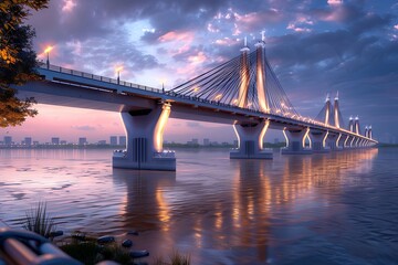 A modern bridge spanning a wide river, with sleek lines and glowing lights illuminating the structure against a twilight sky