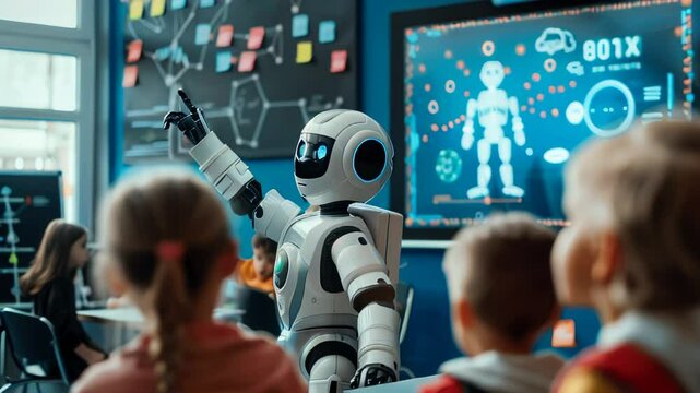 Robot teaching children in a futuristic classroom with digital screens