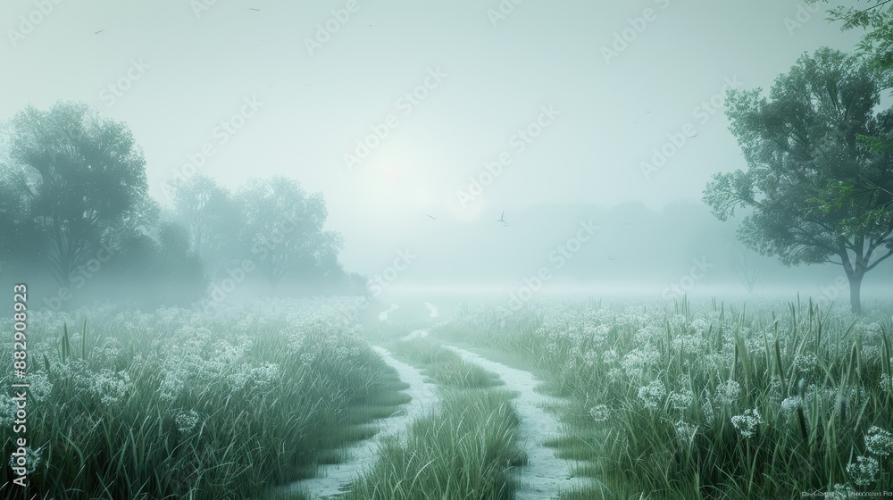 Canvas Prints a foggy, misty day in a field with a road running through it