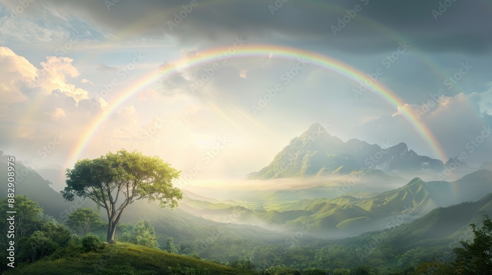 Canvas Prints a rainbow is seen over a mountain range with a tree in the foreground