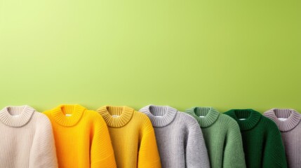 A row of colorful knit sweaters in various shades of beige, yellow, grey, green, and darker green, arranged on a green background.