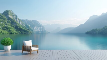 A chair is sitting on a dock overlooking a large body of water