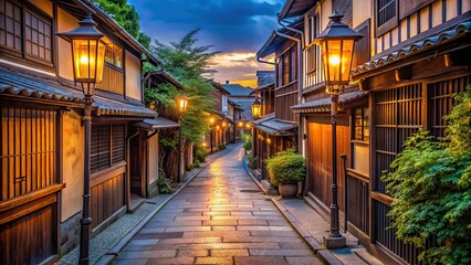 Fototapeta premium Charming Pontocho Alley in Kyoto Japan at twilight, with lantern-lit tea houses lining the narrow street , Kyoto