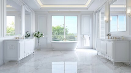 Fototapeta premium A large, white bathroom with a bathtub and a sink