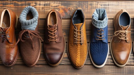 Six men's shoes in different styles and colors are lined up on a wooden surface