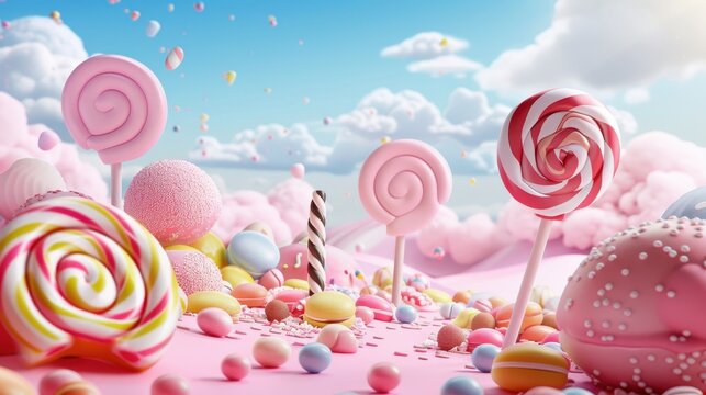 A colorful candy display with a pink background