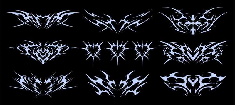 Neo Tribal symmetrical shapes. Cyber sigilism elements, succubus womb tattoo, demon heart sigil, gothic y2k sharp spikes graphic. Vector shape set	
