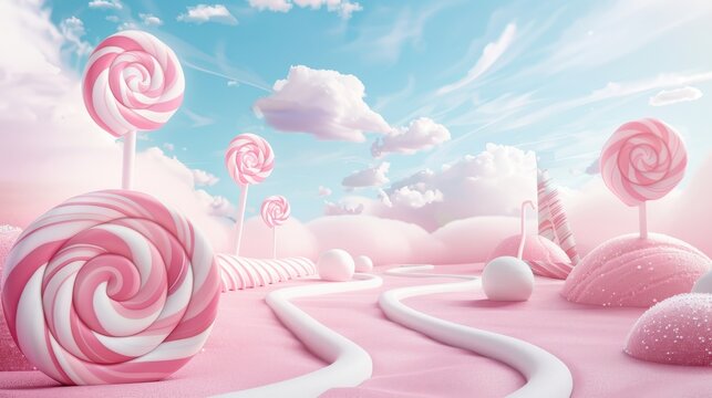 A pink and white candy land with a pink and white lollipop road