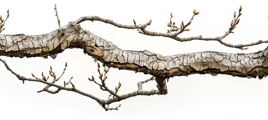 Fototapeta premium Dead Tree Branches with Cracked Bark Isolated on White Background, Dry Branches, Old Tree Bark Texture, Weathered Wood, Natural Elements, Tree Skeleton, Botanical Illustration