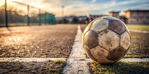 Close up of a weathered soccer ball on a nostalgic football field, old, soccer, ball, close up, weathered, worn, nostalgia