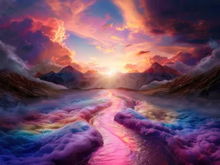 Gardinen Stunning Surreal Landscape with Vibrant Colors and Dreamlike Sky at Sunset Over a River Valley © TPS Studio