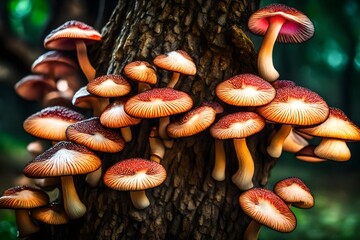 Close up beautiful bunch mushrooms color light in the tree background texture.