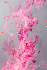 Fototapeta premium Abstract background with swirling pink smoke and shimmering particles on a light gray backdrop, dynamic and vibrant design with copy space