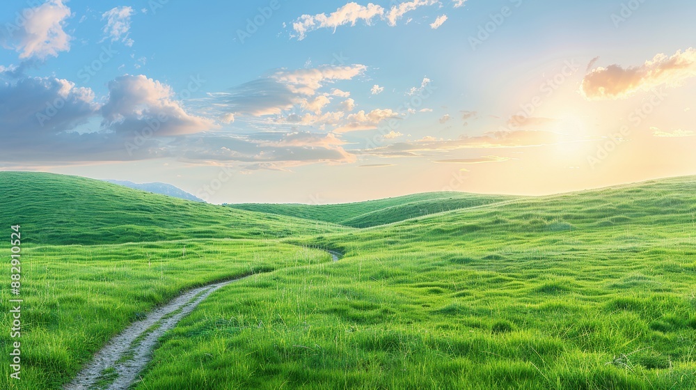 Canvas Prints a beautiful, sunlit field with a dirt road running through it