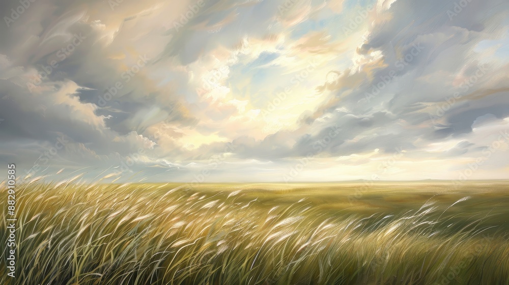 Wall mural a painting of a field with a cloudy sky and a sun in the background