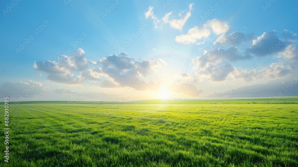Wall mural a field of grass with a bright blue sky and a sun shining through the clouds
