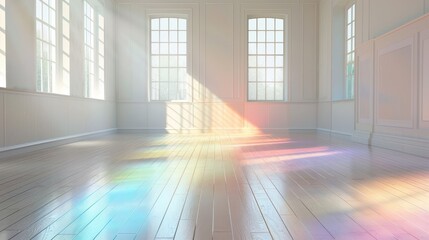 A large room with a lot of windows and a rainbow colored floor