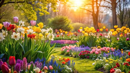 Obraz premium Blooming flowers in a vibrant spring garden, spring, flowers, vibrant, garden, nature, blooming, colorful, fresh, outdoors