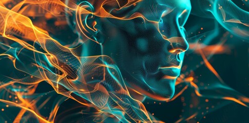 Naklejka premium Wireframe figures twist dynamically, glowing in hues of teal and orange, creating a mesmerizing digital art display.