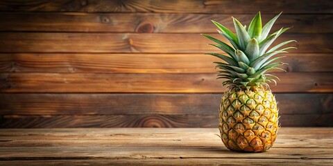 Close-up of a fresh ripe pineapple on a wooden table, tropical, fruit, Hawaiian, spiky, exotic, delicious, vibrant, juicy