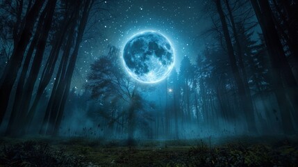 Fototapeta premium Enchanting Night Forest with Full Moon and Starry Sky Creating a Mystical Atmosphere