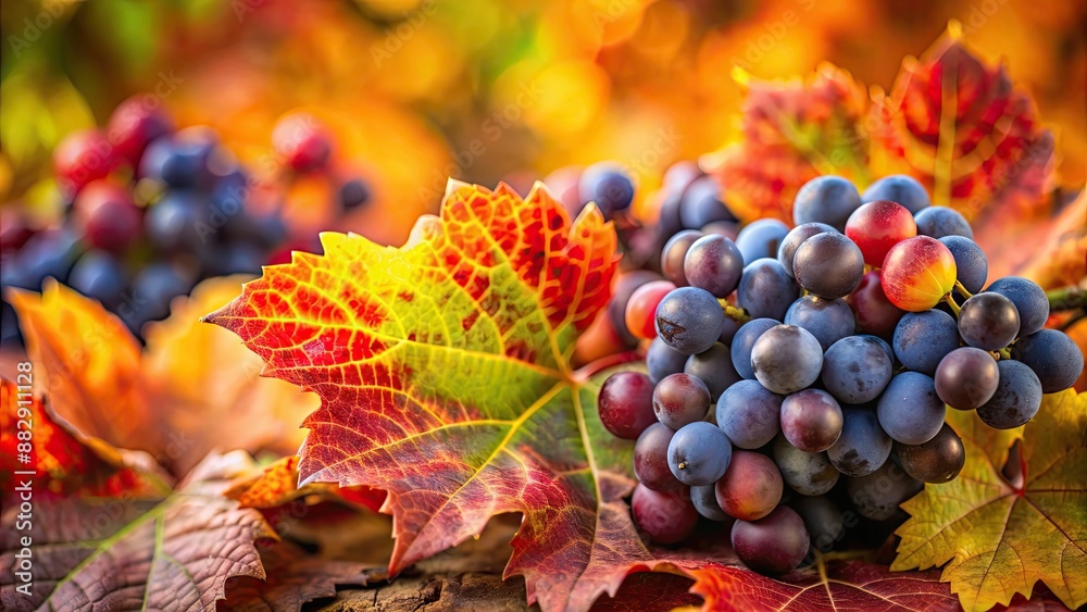 Poster Close-up of ripe grapes surrounded by vibrant autumn leaves , harvest, vineyard, agriculture, fruit, winemaking, seasonal, nature