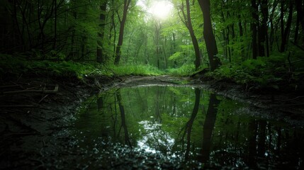 Serene Forest Pond Reflecting Lush Greenery and Sunlight in a Tranquil Woodland Setting