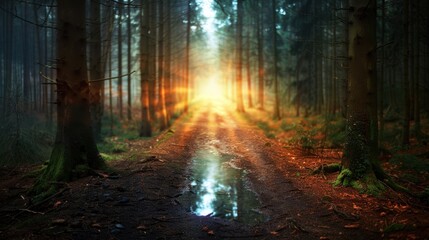 Fototapeta premium Enchanting Forest Path with Sunlight Breaking Through Trees and Reflective Puddle