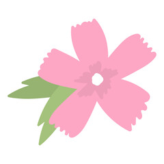 Cute simple pink flower with leaves. Clip art flower for creating patterns, frames, decorating postcards, stickers. Bright pink flower isolated on white background. Retro flower.