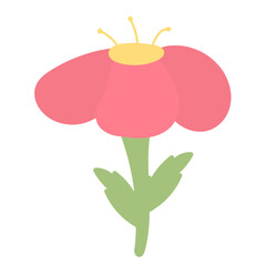 Cute simple red flower with leaves and stem. Clip art flower for creating patterns, frames, decorating postcards, stickers. Light-red abstract flower isolated on white background. Retro flower.