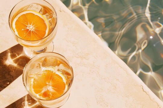 Orange summer drinks by sunny poolside, refreshing look