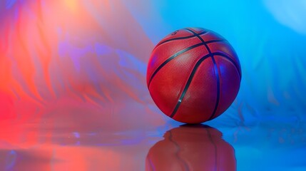 Fototapeta premium Shiny rubber surface of basketball placed on vibrant background in studio in blue light. 